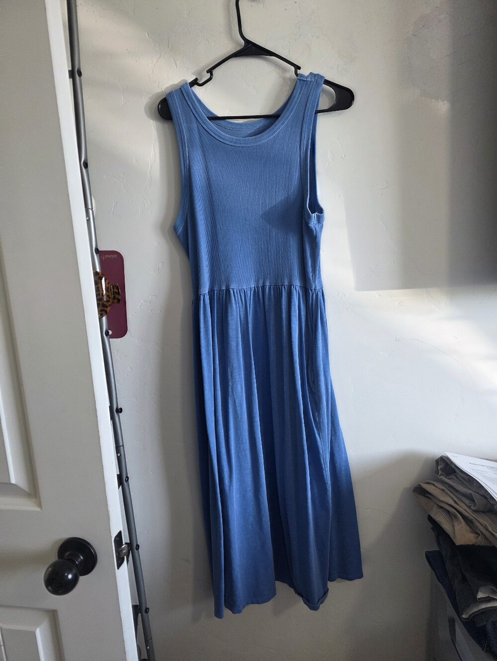 Blue Sleeveless Ribbed Midi Dress